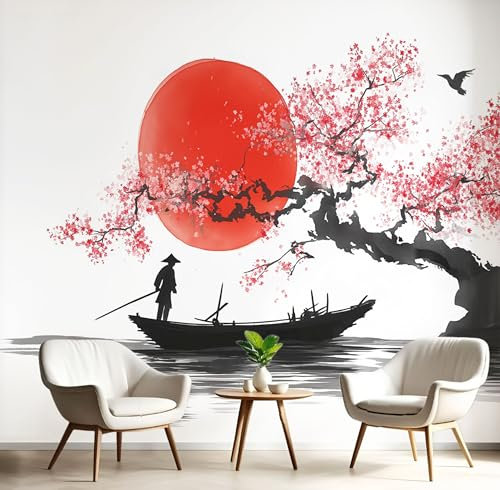 Papier Peint Panoramique Bateau Pêche Coucher Soleil 300X210Cm (Lxh) - Revêtement Mural Décoration Pour Chambre Salon Cuisine - 3D Peinture Murale Interieur Peinture L'Encre Japonaise - Noir Blanc