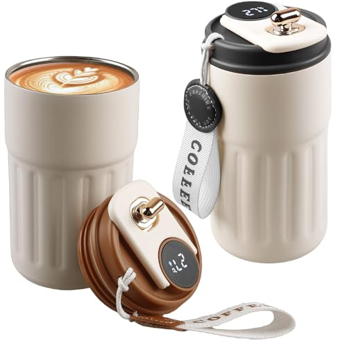 Behogan 2 Stück 450ml Kaffeebecher to Go, 316 Edelstahl Kaffeebecher Temperaturdisplay mit Deckel, Isolierter Vakuum Reisekaffeebecher für Unterwegs mit Digitaldisplay für Heißgetränke