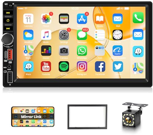2 DIN Autoradio mit 7 Touchscreen, Bluetooth Autoradio mit Mirror Link, FM, Freisprechfunktion, USB-C/USB-A-Eingang, AUX, EQ, Lenkradsteuerung +Rückfahrkamera