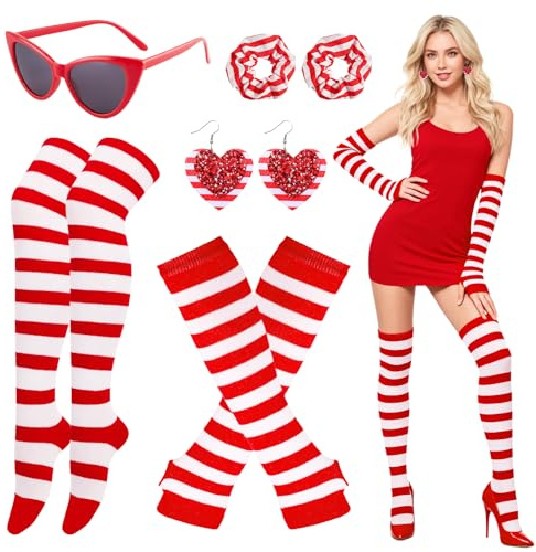 6 Stück Karneval Rot Weiß Gestreiftes Kostüm Set, Kölner Rot Weiss Gestreifte Kostüm Zubehör Kit mit Handschuhe Socken Haargummis Brille Ohrringe für Damen Weihnachten Fasching Cosplay Mottoparty