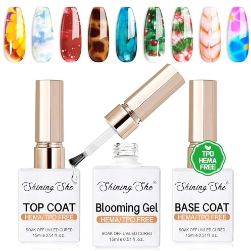 Shining She Blooming Gel Nagellack & Base Coat Top Coat Gel UV Set, 3PCS | HEMA-Free TPO-Free, UV Nagellack Set Soak-Off UV/LED, Blooming Nail Polish für Nageldesign, Marmor, Blumendruck, 15ML