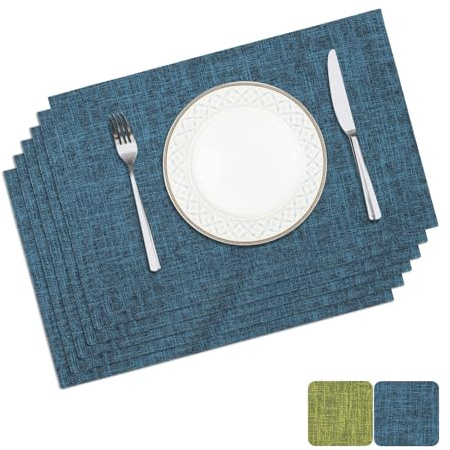 Privalace Stoff Platzsets Blau aus Leinen-Optik 46x30cm 6er Set | Geflochtene Tischsets Abwaschbar Abriebfeste Hitzebeständig Platzdeckchen für Tisch Küche Essen
