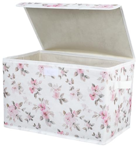 PRESSINART Floral Storage Bins Pink Floral Storage Box with Lid Decorative Collapsible Organizer Boxes with Carrying Handle Flowers Rectangle Fabric Folding Containers for Home Bedroom Closet Shelves
