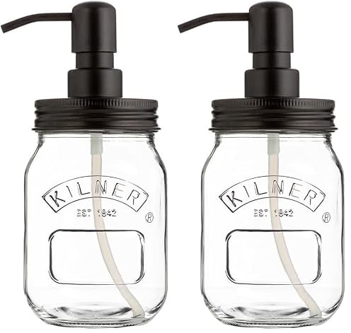 Kilner Liquid Soap & Lotion Dispenser 500ml Glass Jar with Stainless Steel Pump – Durable, Perfect for Kitchen and Bathroom Use (Pack of 2)