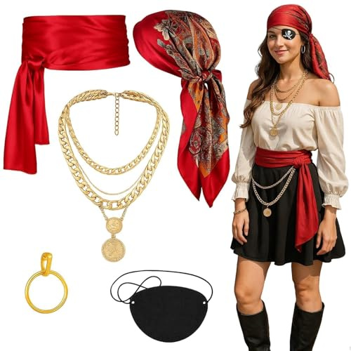 MIAOHAUSDE Piraten Zubehör Damen 5-teilig - Piratenkostüm Set | Piratentuch, Augenklappe, Ohrringe, Halskette, Taillengürtel für Karneval Halloween Cosplay
