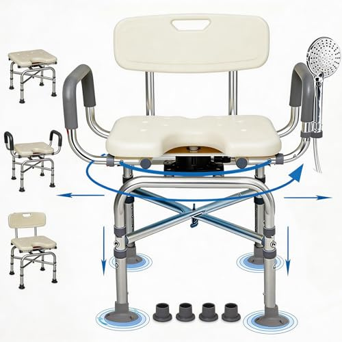 U Chaise de douche réglable à 2 niveaux extra large pivotante à 360° pour douche intérieure, siège de douche robuste pour baignoire intérieure avec accoudoirs et dossier, chaises de baignoire pour