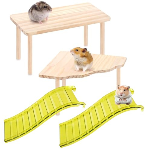 Hxiu 2 Packs Hamster Play Wooden Platform | 2 Packs Climbing Plastic Ladder Bridge - Hamster Cage Accessories for Hamsters, Gerbils, Mice and Small Animals