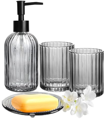 Graues Badezimmer-Accessoire-Set, 4-teilig, Komplettset aus Glas | Bestehend aus Seifenspender, Mundspülbecher und Seifenschale zur Dekoration von Badezimmern und Waschtischen.