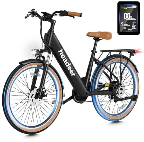 Headeer BD26195 Elektrisches Fahrrad 26 Zoll für Erwachsene, abnehmbarer Akku, 48 V, 11,5 Ah, Akkulaufzeit 80 km, Urban E-Bike mit Farbdisplay, 7 Gängen und Federgabel mit Verriegelung, für Männer und