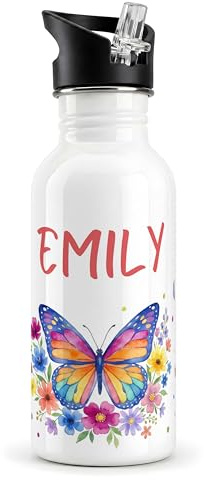 Kidsmood – Personalisierte Trinkflasche für Kinder, BPA freie Edelstahl Wasserflasche, 500 ml mit Trinkhalm als Einschulungsgeschenk Mädchen, Ideal für Schule, Kindergarten (Schmetterling)