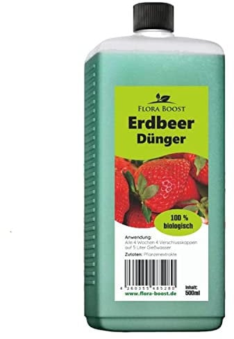 Konfitee Erdbeer Dünger Flora Boost 500ml I Für bis zu 100L Gießwasser I Obst- & Beerendünger für Erdbeeren I Flüssiger Blatt- & Wurzeldünger I 100% natürlicher Pflanzendünger