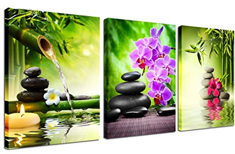 Toile murale à 3 panneaux – impressions sur toile de peintures à thème zen bambou vert – Peinture encadrée pour salon, chambre à coucher, cuisine, bureau, pierres et orchidées, spa – Affiche d'œuvre