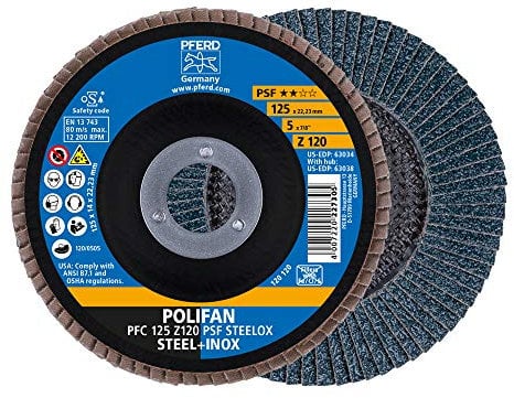PFERD Fächerscheibe POLIFAN 5 Stück | Ø 125 mm, Z 120, konisch, PSF STEELOX | 69398195 – für Stahl und Edelstahl (INOX)