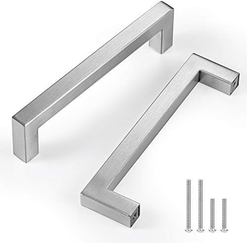 CZC HOME 25 Pack 140mm Cabinet Handles, Stainless Steel Drawer Square Drawer Pulls, 128mm Hole Center Cupboard Handles with 2 Sizes Screws for Kitchen Dresser Door Brushed Nickel