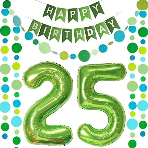 Luftballons Zahl 25 Grün + Happy Birthday Girlande + banner Folienballon 25.Geburtstags deko frau mann ballons 25 Jahre Geburtstag deko frauen Zahlenballon 25 Geburtstag dekoration Männer frau(25)