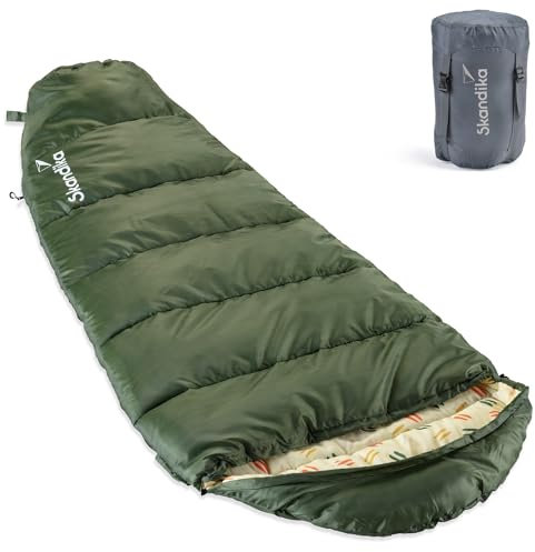 Skandika Vegas Junior Kinderschlafsack | Outdoor Camping Schlafsack für Kinder, weiches Innenfutter, kuschelig weich, wasserabweisend, Komfortbereich von 12 bis 3°C, 170 x 70 cm (dunkelgrün)