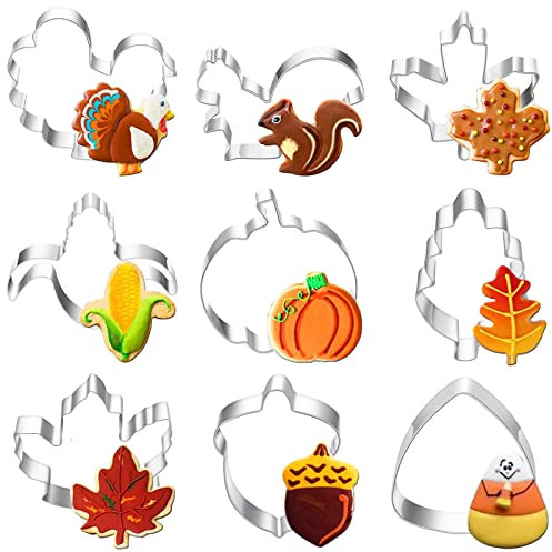Flyftrey 9 Stück Herbst Ausstecher Set, Edelstahl Ausstechformen für Kinder Thanksgiving, Ahornblatt Kürbis Eichhörnchen Mais Truthahn Pinienkerne Fondant Keksausstecher Plätzchenform