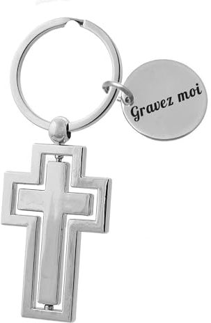 Porte-clés Croix Chrétienne Sur Pivot Argentée Gravure Personnalisée Sur Médaille