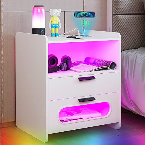 Gurexl RGB-Nachttisch mit kabelloser Ladestation und USB-Anschlüssen, automatischer Sensor, LED, 24 Farben, dimmbar, für Schlafzimmermöbel, moderner Nachttisch beistelltisch mit Körpersensorfunktion