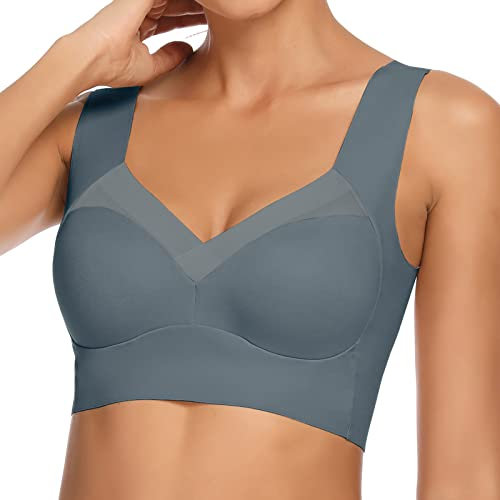 WOWENY BH Damen Ohne Bügel BH Rückenfrei Sexy Vollschalen Bustier Unterwäsche Schlaf Breite Träger Bralette Komfort Weicher Klassischer Dunkel Grau M