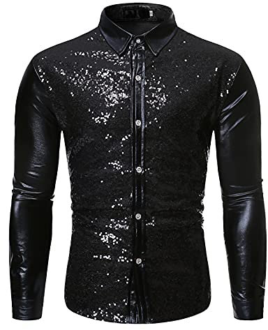 Herren Pailletten Hemd Glitzer Kleid Hemd 70er Langarm Hemd Sakko Herren-Shirt Disco Party Kostüm Herren Glänzend Slim Fit Satin Langarmhemd Business Hemd für Party Nachtclub