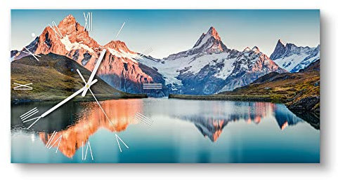 DEQORI Glasuhr | vertikal 60x30 cm | Motiv Bachalpsee vor Alpen | große XXL Design Uhr aus Glas | leise Wanduhr für Wohnzimmer & Küche | Moderne Hingucker Uhr für die Wand