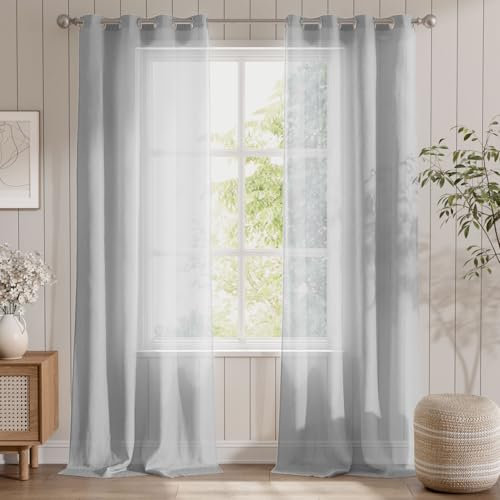 TOPICK Grau Stores Gardinen mit Ösen Extra Lange Gardinen für Küche Wohnzimmer Schlafzimmer Fenster Vorhänge Transparent Durchsichtig Voile Landhausstil Modern 2er Set 260H x 140B (cm)