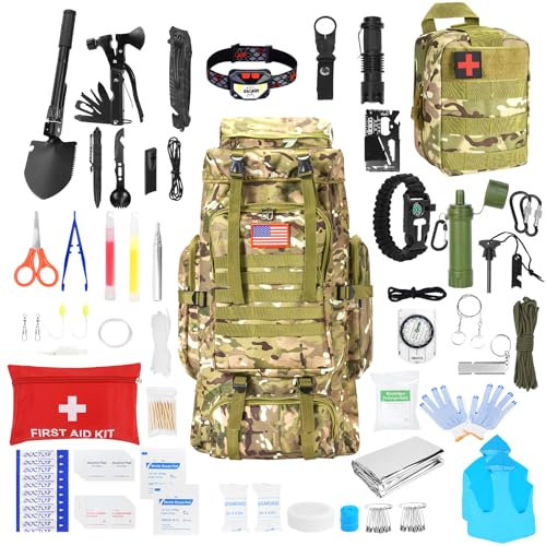 Skywod, Survival Gear Profi-Set und großer Camping-Rucksack, Erste-Hilfe-Set für Abenteuer, Outdoor-Wandern, Zubehör (Outdoor-Camouflage)