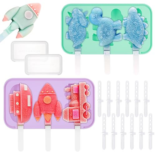 Hejo 2 Pcs Ice Cream Moulds, Silicone Ice Lolly Moulds, Easy Release Lollipop Moulds, Dinosaur & Vehicle Shapes Popsicle Moulds with 18 Sticks for Home Outdoor (Purple & Green)