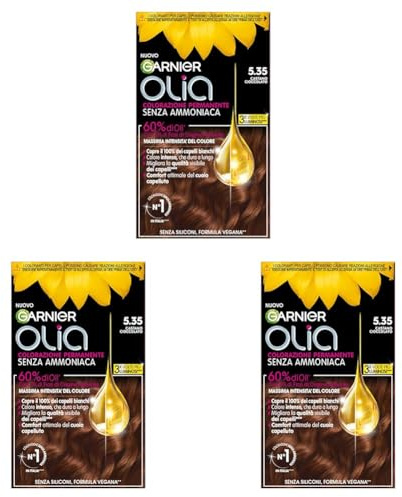 Garnier Olia Tinta Capelli, Colorazione Permanente Senza Ammoniaca, Copre il 100% dei Capelli Bianchi, Con Oli di Fiore di Origine Naturale, Formula Vegana, Castano Cioccolato (Confezione da 3)