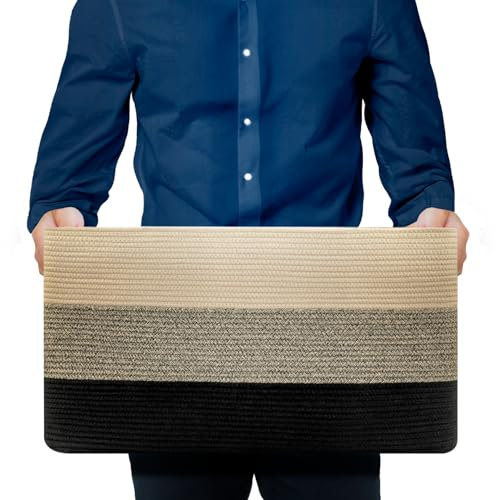 Blumido Aufbewahrungskorb Groß - Rechteckiger Baumwollkorb mit Griff – Großer Korb für Decken Wohnzimmer – 55x43x30 cm – Gelb Schwarz – Wäschekorb geflochten – Aufbewahrung Spielzeug Kinderzimmer