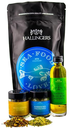 Hallingers Sea Food - Grillen Wundertüte Geschenkset Basilikum Olivenöl Bratkartoffel & Fischgewürz für Grillparties (Bag) - Geschenk im Sommer & als perfektes Grillgeschenk | Neues Zuhause Danke Gene