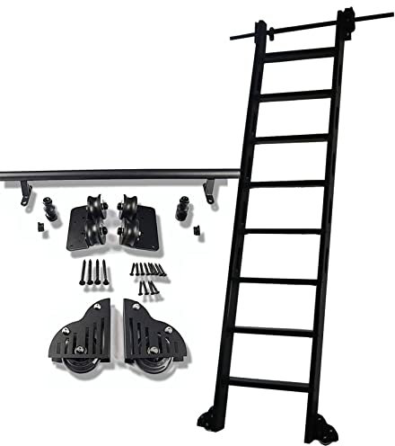 SZITW Schiebeleiter-Hardware-Bibliothek, Rollleiter-Komplettset (ohne Leiter) | 3,3 bis 20 Fuß Lange, Schwarze Verlängerungsschiene aus rundem Stahlrohr für Mobile Leitern | Mit Bodenrollen (Größe