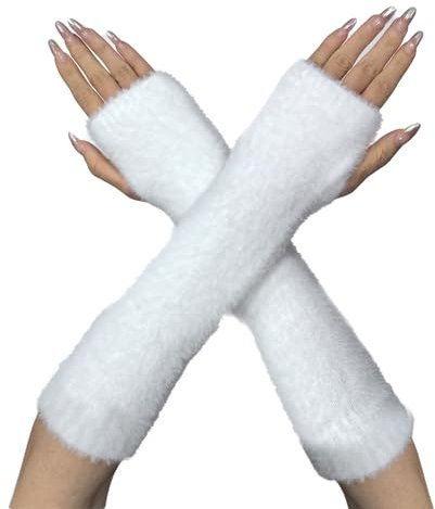 AWOCAN Armstulpen Fingerlose Handschuhe Winter Kunstfell Armstulpen Handgelenkwärmer Warme Fingerlose Handschuhe Gestrickt Weich für Frauen (WEISS)