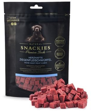 SNACKIES Herzhafte Ziegenfleischwürfel 80g Premium Snacks für Hunde, ohne Zusatz von Getreide, Zucker, Farb-, Aroma- und Konservierungsstoffe, schonend luftgetrocknete Leckerli