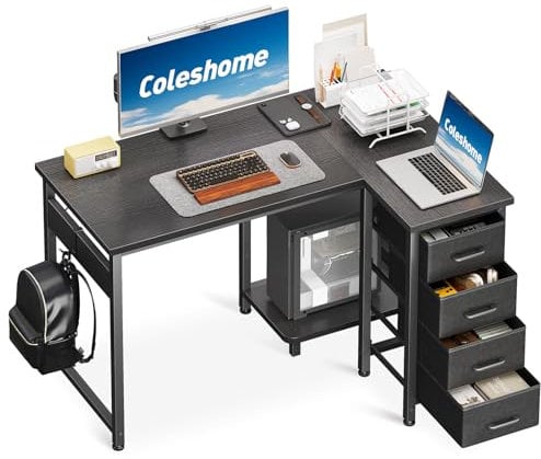 Coleshome Scrivania per computer con cassetti, 100 x 70 cm, scrivania angolare per casa e ufficio, reversibile a forma di L, scrivania da ufficio nera