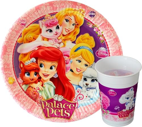 Disney Lot de 16 assiettes en papier grandes assiettes 23 cm + 8 verres fête anniversaire thème dessin animé princesses le royaume des chiots (Palace Pets)