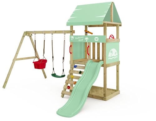 Wickey Aire de Jeux DinkyHouse avec Extension de balançoire - Toboggan & bâche - Tour à Grimper pour Enfants pour Le Jardin en Bois Massif - 303x317x247 cm (Vert Pastel)