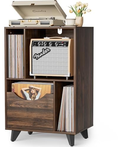 Bikoney Record Player Stand with Vinyl Storage Drawer, Wooden Turntable Side Table Fits All Record Players and Speakers, Large Vinyl Record Storage Cabinet for Living Room, Bedroom, Office