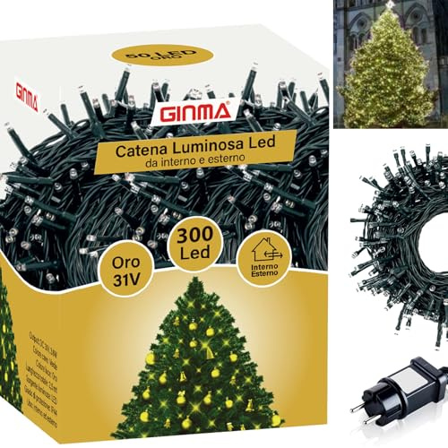 GINMA - Luci Natale Interno e Esterno LED con 8 Effetti Luce, Certificate, Basso Consumo e Impermeabili (Oro, 15 metri (300 LED))