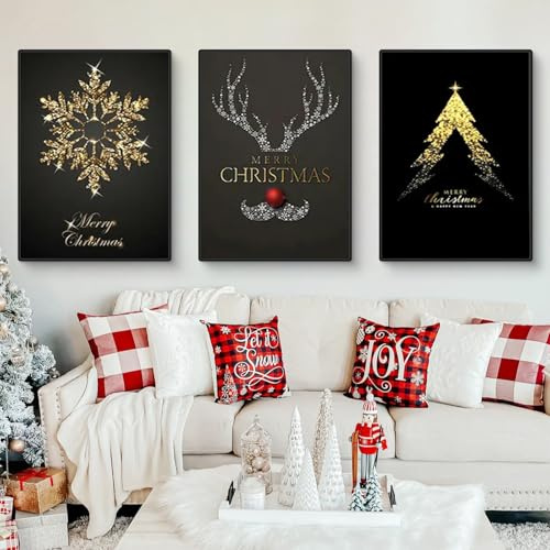 TROYSINC 3er Weihnachten Poster Set, Winter Bilder, Schwarz-goldener Weihnachtsbaum, Schneeflocken, Rentier Wandkunst Wandbilder Wohnzimmer Schlafzimmer Wanddeko, ohne Rahmen (40 x 50 m)
