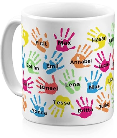 Personalisierte Tasse für Lehrerin & Lehrer – 330 ml Keramik mit bunten Fingerabdrücken & Schülernamen – Abschiedsgeschenk für die Klasse