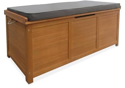 Gartentruhe aus Holz 200L - Caja grau - 125x60cm Kissenaufbewahrung mit Hebebock und Griffen