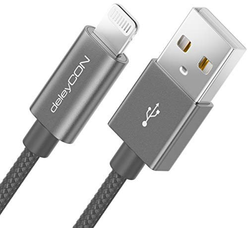 deleyCON 2m Lightning 8 Pin Ladekabel USB Kabel Apple MFi für iPhone 14 Pro Max 14 Pro 14 Plus 14 SE 13 Pro Max 13 Pro 13 Mini 12 Pro Max 12 Pro 12 Mini Metallstecker & Nylonkabel - Grau