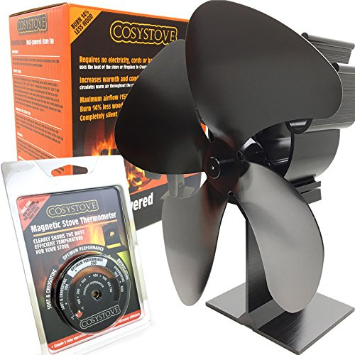 Cosystove 4 Blade Silent Heat Powered Wood Burning Multi-Fuel Stove Fan Including Flue Pipe Thermometer Better Effiency Woodburner Plus New 2019 Care Pack More Heat Save More Money