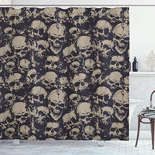 ABAKUHAUS Skull Duschvorhang, Grunge Scary Übel, Stoffliches Gewebe Badezimmerdekorationsset mit Haken, 175 x 200 cm, Koksgraue Tan
