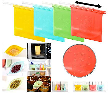 Rosenstein & Söhne Silikonbeutel: 4er-Set Silikon-Lebensmittelbeutel, wiederverschließbar, 1.000 ml (Silikon Zip Beutel, Dampfgarbeutel, Wasserdichte Taschen)