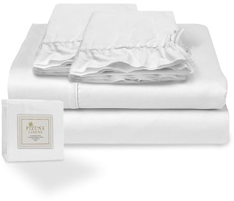 Pizuna Juego de Sabanas 180 x 190/200 cm Blanco, Lujoso Satén 100% Algodón de Fibra Larga de 400 Hilos Sabanas 180 cm con 1 Sabana Encimera, 1 Sabana Bajera, 1 Funda Almohada Cilindrica