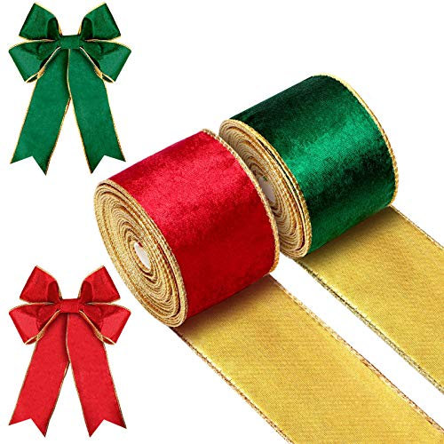2 Rollen Weihnachten Samtbänder Schleifenbänder mit Drahtkanten Weihnachtsbänder Geschenkbänder mit Draht Dekobänder für Weihnachtsbaum Geschenkverpackung (Rot, Grün, 6,4 cm x 6 Yards)