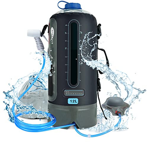 AFISHTOUR Sac de douche portable de camping – Sac d'eau solaire de 12 L avec pompe à pied et pommeau de douche – Douche de camping pour camping, plage, voyage, activités de plein air